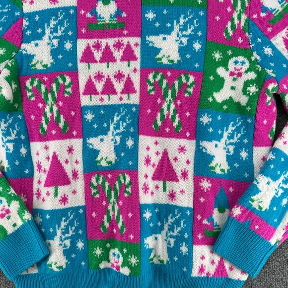 Dec 25th Party Sweater Neon Blue Pink Ugly Christmas Sweater Party Large Vintage - Picture 5 of 5